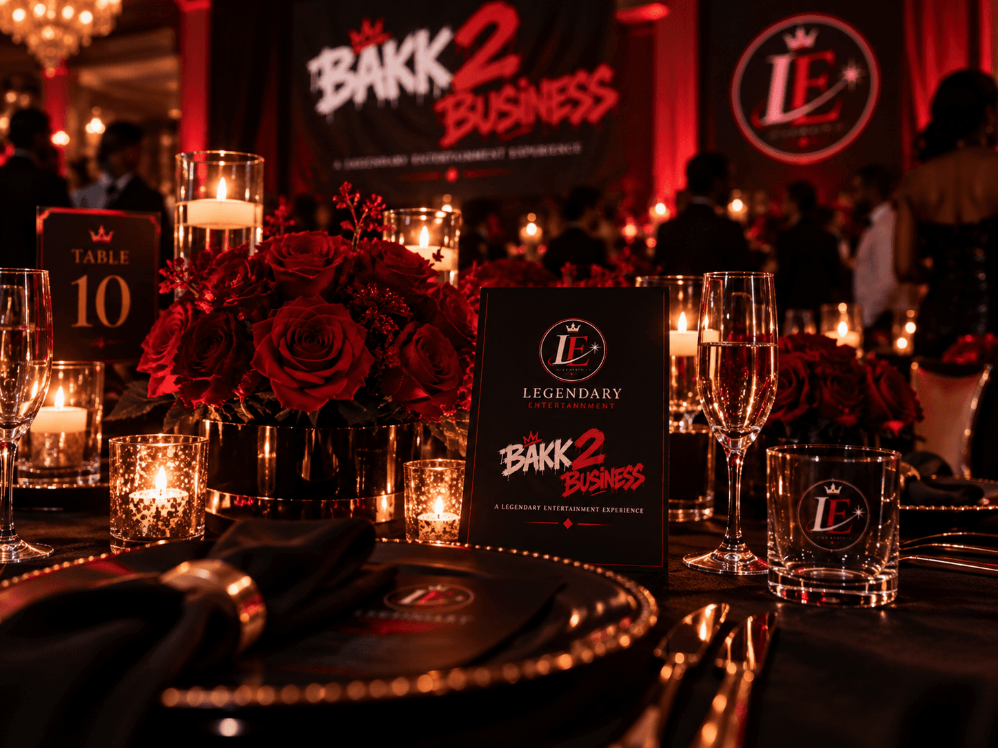 Bakk 2 Business table setting with Legendary Entertainment branding